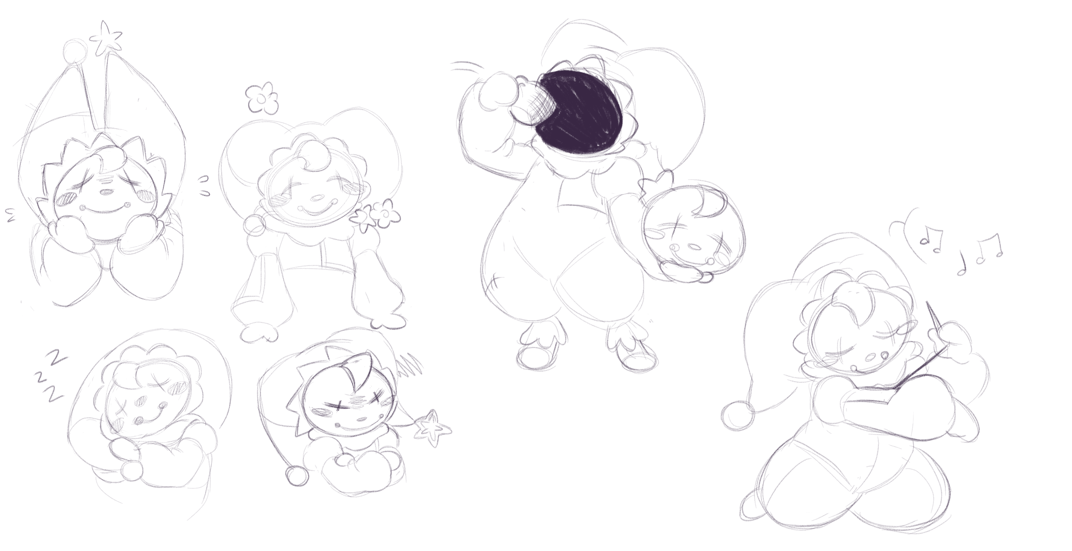 several sketches of a clown doll emoting